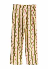 Pantalon à taille élastique avec des rayures ondulées verticales vert olive, des lignes ondulées roses, et des motifs d'étoiles rouges et vertes sur un fond crème.