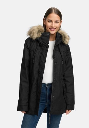 Black parka jacket with faux fur hood, zip closure, drawstrings at neck, side pockets, and fabric texture suitable for cold weather.