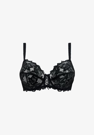 Soutien-gorge noir en dentelle avec bonnets à armature, motif floral, bords festonnés, bretelles réglables et détail décoratif à l'avant. Texture douce et légère.