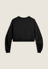 Sweatshirt negro corto con mangas largas, puños acanalados y cuello redondo. Fabricado en una tela suave con una textura lisa.