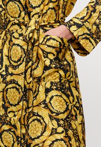 Fekete szövet, díszes arany virág- és levélmintákkal, megkötött derékkal és oldalzsebbel. Sima tapintású.