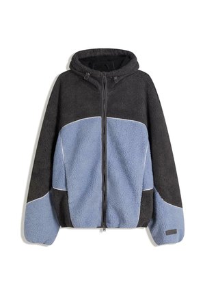 Kapuzensweatjacke mit schwarzem Oberteil und Ärmeln, hellblauen unteren Körper- und Ärmelpaneelen sowie einem Reißverschluss vorne.