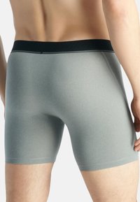 Grå kalsonger med en slät textur och ett svart midjeband med ribbat mönster. Klippt till midjan med minimala sömdetaljer.