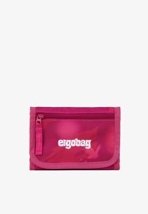 Rosa rechteckige Brieftasche mit einem Reißverschlussfach und dem in Weiß auf dem vorderen Panel eingestickten "ergobag"-Logo.
