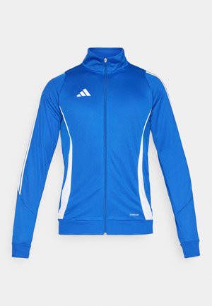 Blue athletic jacket with white accents, full zip, high collar, and ribbed cuffs. Features logo on the chest and "AEROREADY" detail on the hem.