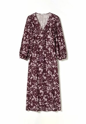 Robe à imprimé floral dans un bordeaux foncé avec des fleurs rose clair, dotée d'un profond décolleté en V, de manches longues bouffantes et d'une coupe ample et fluide.