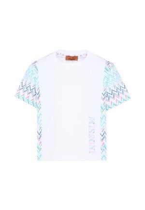 T-shirt blanc à manches courtes avec manches et panneaux latéraux à motif zigzag pastel bleu et rose, avec le texte « MISSONI » en bas à l'avant.