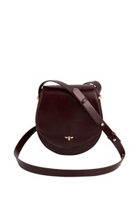 Burgundy leather crossbody bag with a curved shape, gold bee accent, and adjustable strap; smooth texture and detailed stitching.