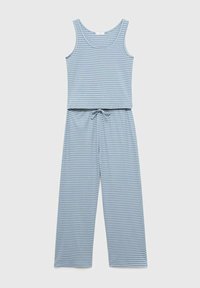 Top fără mâneci, cu dungi albastre deschise, împreună cu pantaloni largi asortați, cu un șnur la talie, așezați pe un fundal neutru.