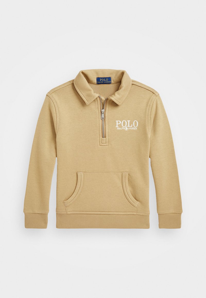 Beige pullover with a half-zip collar, front pouch pocket, and embroidered "POLO" logo. Made from soft, smooth fabric with ribbed cuffs.