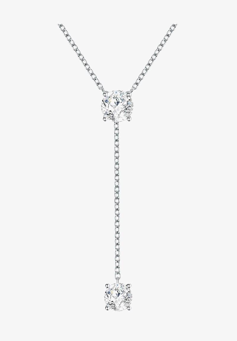 Hõbedane kaelakee, millel on kaks ümmargust, selget gemmi, üks ülal ja teine all, ühendatud peene ahela abil.