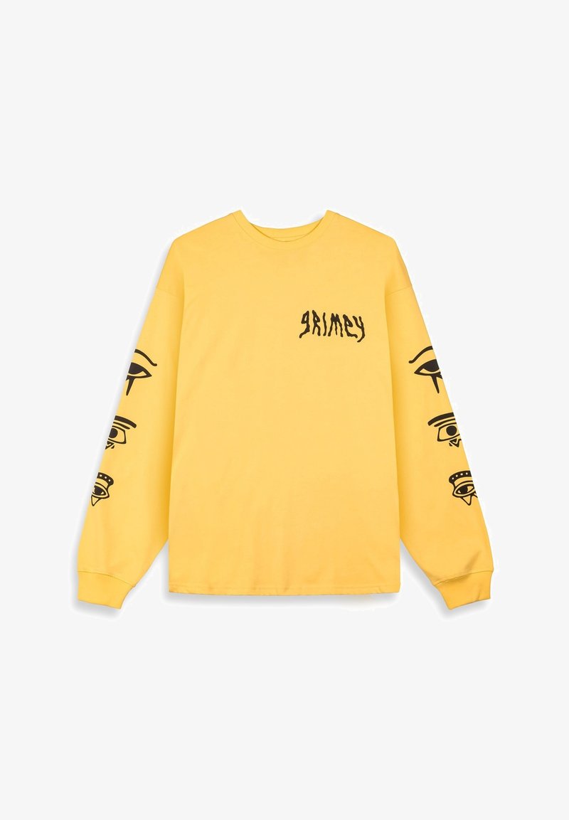 Lange mouw gele t-shirt van katoen met zwarte grafische ontwerpen op de mouwen en borst, met een ronde halslijn en een relaxte pasvorm.