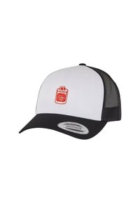 White snapback cap with black brim and mesh sides, featuring a red embroidered logo of a drink and fries on the front.