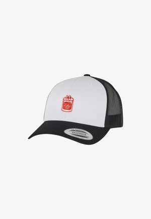 White snapback cap with black brim and mesh sides, featuring a red embroidered logo of a drink and fries on the front.