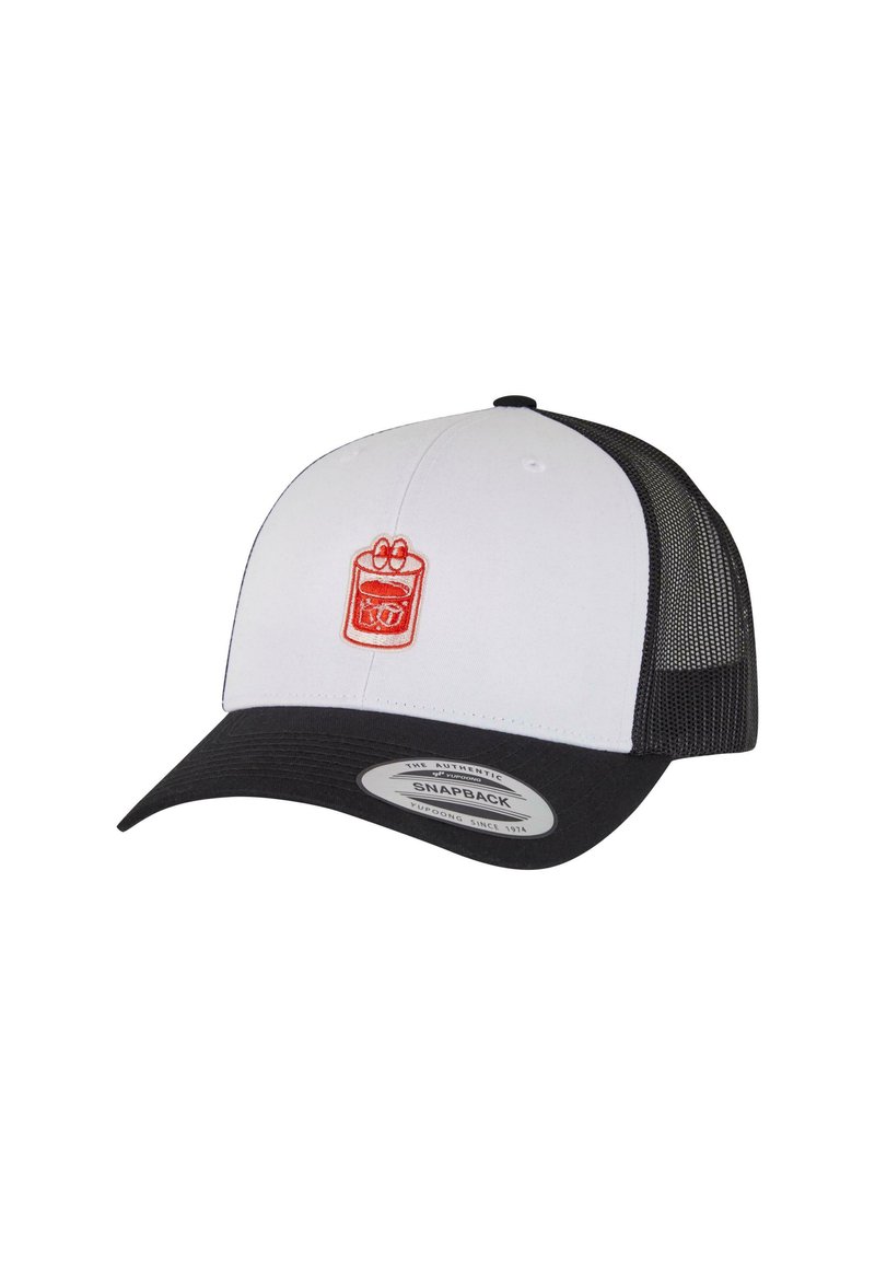 White snapback cap with black brim and mesh sides, featuring a red embroidered logo of a drink and fries on the front.