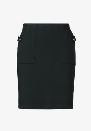 Gonna nera aderente realizzata in materiale elasticizzato, con due tasche frontali con chiusura a bottone e una texture liscia.