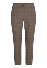 Bruna rutiga byxor med en strömlinjeformad design, featuring ett elastiskt midjeband, enkel knappstängning och en mjuk textur.