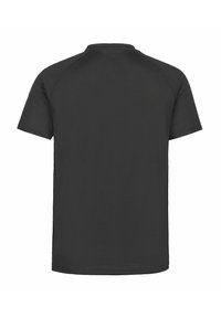 Camiseta negra de manga corta hecha de un tejido ligero. Presenta un escote redondo y una textura suave con un sutil detalle de malla en los hombros.
