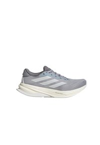 Chaussure de course légère en mesh gris avec des accents blancs, dotée d'une semelle rembourrée et d'un design épuré pour une performance améliorée.
