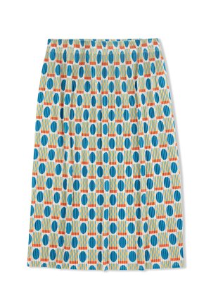 Jupe plissée avec un motif coloré de cercles bleus et de rectangles oranges sur un fond crème. Taille élastique, tissu léger.