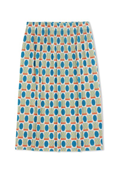 Faltenrock mit einem bunten Muster aus blauen Kreisen und orangefarbenen Rechtecken auf einem cremefarbenen Hintergrund. Elastischer Bund, leichtes Material.
