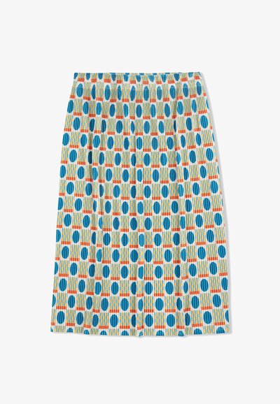 Pleated skirt with a colorful pattern of blue circles and orange rectangles on a cream background. Elastic waistband, lightweight fabric.