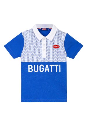 Polo blu con motivo geometrico bianco, maniche blu unite, colletto bianco e logo "BUGATTI" in bianco a contrasto sul davanti.