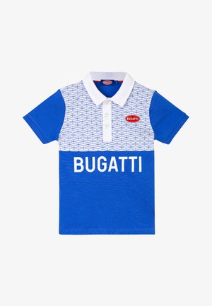 Polo blu con motivo geometrico bianco, maniche blu unite, colletto bianco e logo "BUGATTI" in bianco a contrasto sul davanti.