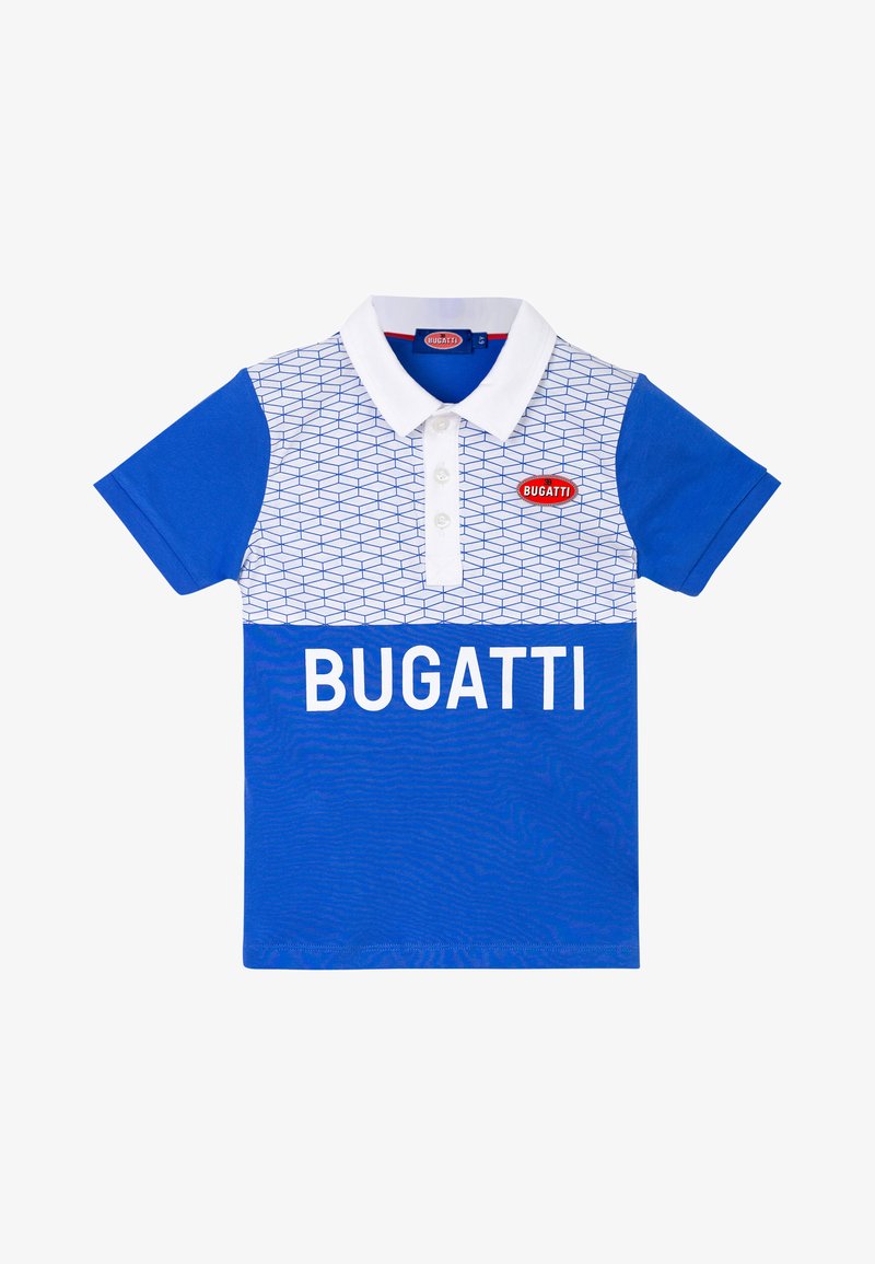 Polo blu con motivo geometrico bianco, maniche blu unite, colletto bianco e logo "BUGATTI" in bianco a contrasto sul davanti.