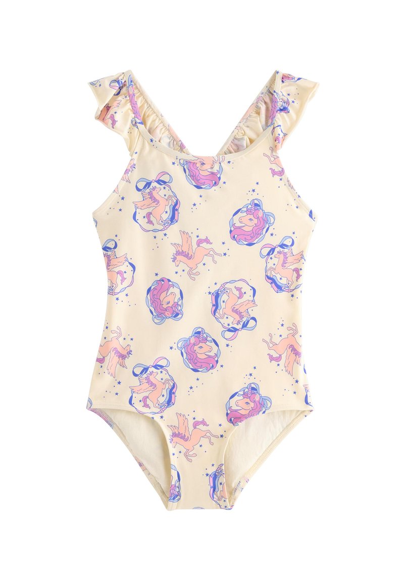 Żółty jednoczęściowy strój kąpielowy z wesołym wzorem jednorożca i pegaza w różu i błękicie, z falbankowymi rękawkami i dekoltem w serek.