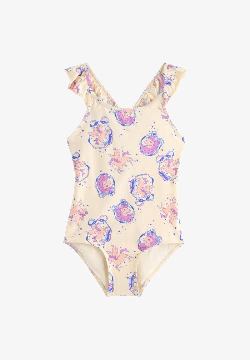 Żółty jednoczęściowy strój kąpielowy z wesołym wzorem jednorożca i pegaza w różu i błękicie, z falbankowymi rękawkami i dekoltem w serek.