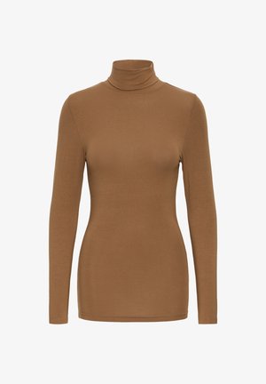 Brown long-sleeve fitted turtleneck top with smooth fabric and no visible patterns or embellishments.