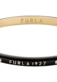 Must ja kuldne käevõru siledast pinnast, millel on graveeritud tekst "FURLA" ja "FURLA 1927", kaunistatud väikeste kristallidega.