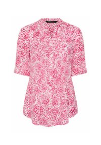 Blusa a maniche corte con motivo floreale rosa, scollatura rotonda, chiusura a bottoni e vestibilità ampia. Tessuto morbido con una consistenza leggera.
