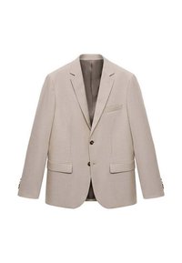 Beige blazer with notch lapels, two front pockets, and single-button closure. Smooth texture and light fabric, fully lined interior.