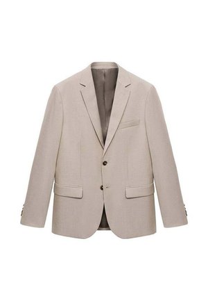 Beige blazer with notch lapels, two front pockets, and single-button closure. Smooth texture and light fabric, fully lined interior.