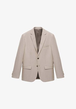 Bež blazer z odrezanimi reverji, dvema sprednjima žepoma in zapiranjem na en gumb. Gladka tekstura in lahek material, popolnoma podložen notranji del.