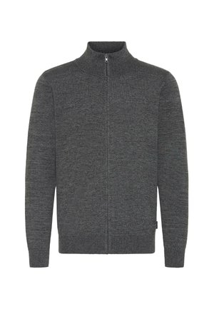 Szary sweter na zamek z wysokim kołnierzem, z prążkowanym dołem i mankietami, eksponowany na neutralnym tle.