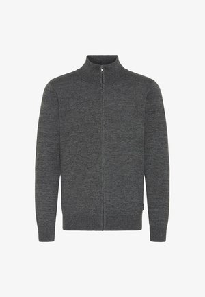 Šedá zipová mikina s vysokým límcem, s ribovaným lemem a manžetami, vystavená na neutrálním pozadí.