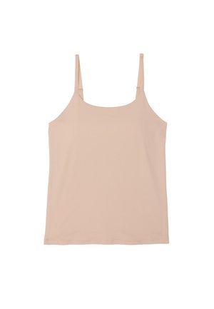 Beige sleeveless camisole top with adjustable thin straps and a straight hem on a white background.
