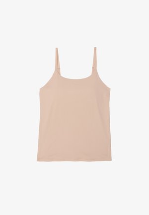 Beige sleeveless camisole top with adjustable thin straps and a straight hem on a white background.