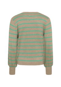Maglione marrone con righe verdi, maniche lunghe e polsini a sbuffo. Realizzato in materiale knit leggero, presenta un collo rotondo e una vestibilità rilassata.