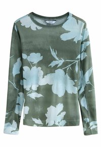 Långärmad tröja med rund hals i olivgrön med stort ljusblått blommönster och slim fit.