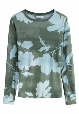 Hosszú ujjas, olive zöld színű, garbós póló nagy világoskék virágmintával és slim fit szabással.