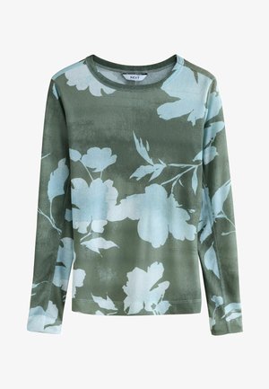 Langärmliges T-Shirt mit Rundhalsausschnitt in Olivgrün, mit großem hellblauen Blumenmuster und slim fit.