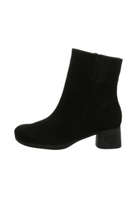 Schwarze Wildleder-Stiefeletten mit abgerundeter Zehe, seitlichem Reißverschluss und dicker Absatz. Die Textur ist weich und glatt und sorgt für ein elegantes Erscheinungsbild.
