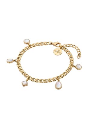 Goldenes Kettenarmband mit fünf weißen Perlmutt-Anhängern in runden, tropfen- und quadratischen Formen sowie einem kleinen runden Anhänger nahe dem Verschluss.