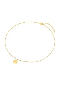 Colier din aur cu un mic pandantiv în formă de floare, cu mărgele texturate și un închizător ajustabil. Design elegant și delicat.