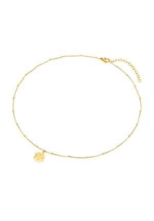 Gouden ketting met een kleine bloesem hanger, voorzien van gestructureerde kralen en een verstelbare sluiting. Elegant en verfijnd ontwerp.