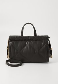Black quilted leather handbag with dual top handles, detachable shoulder strap, and gold-tone chain accents. Smooth texture and rectangular shape.